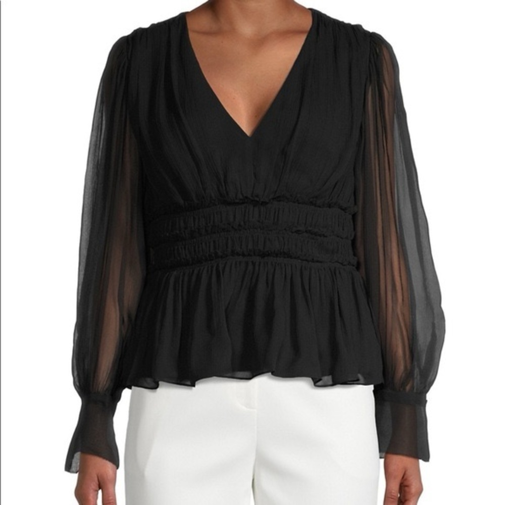 Rebecca Taylor Black Silk Smocked Peplum Blouse V-Neck Long Sleeve Top career